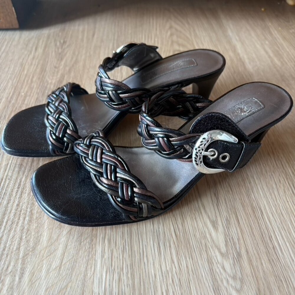 ** Brighton Fiji Braided Strap Sandals Silver Buckle Black Bronze Size 6